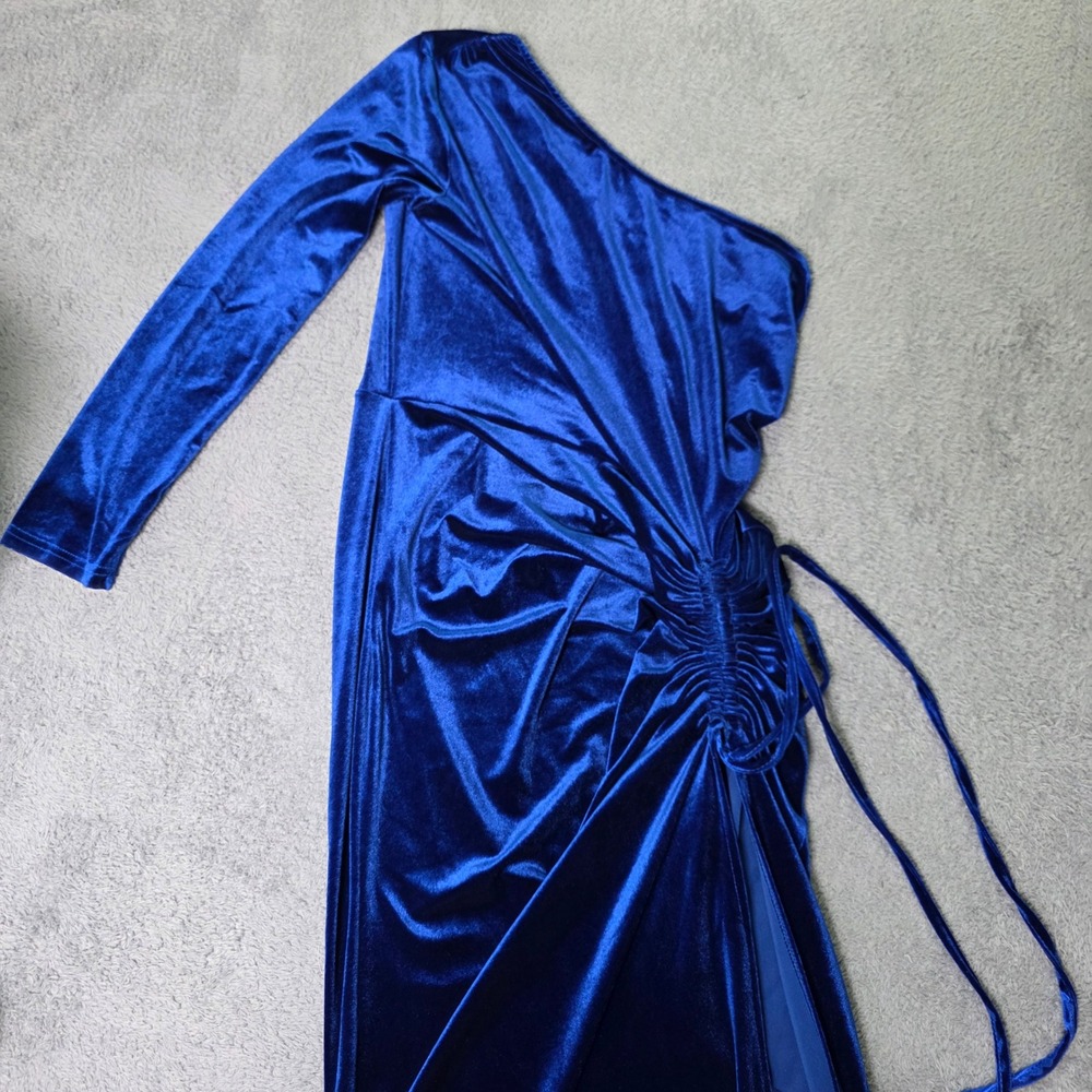 PrettyGarden Womens L Midi Dress Royal Blue Velvet One Shoulder Ruched Slit